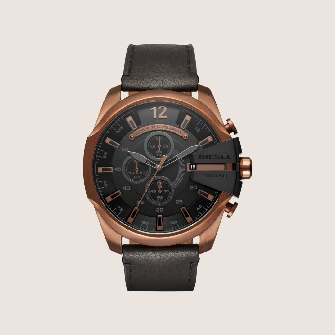 Diesel Mens Mega Chief Rose Gold Case Black Leather Strap Watch DZ4459