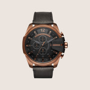 Diesel Mens Mega Chief Rose Gold Case Black Leather Strap Watch DZ4459