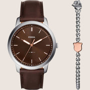 Fossil Men's Minimalist Watch & Bracelet Gift Set Brown Dial FS6019SET