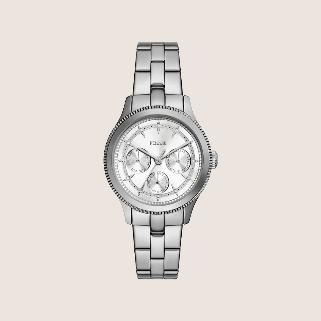 Fossil Women's Brynn Silver Crystal Bracelet Day/Date Analogue Watch BQ3992