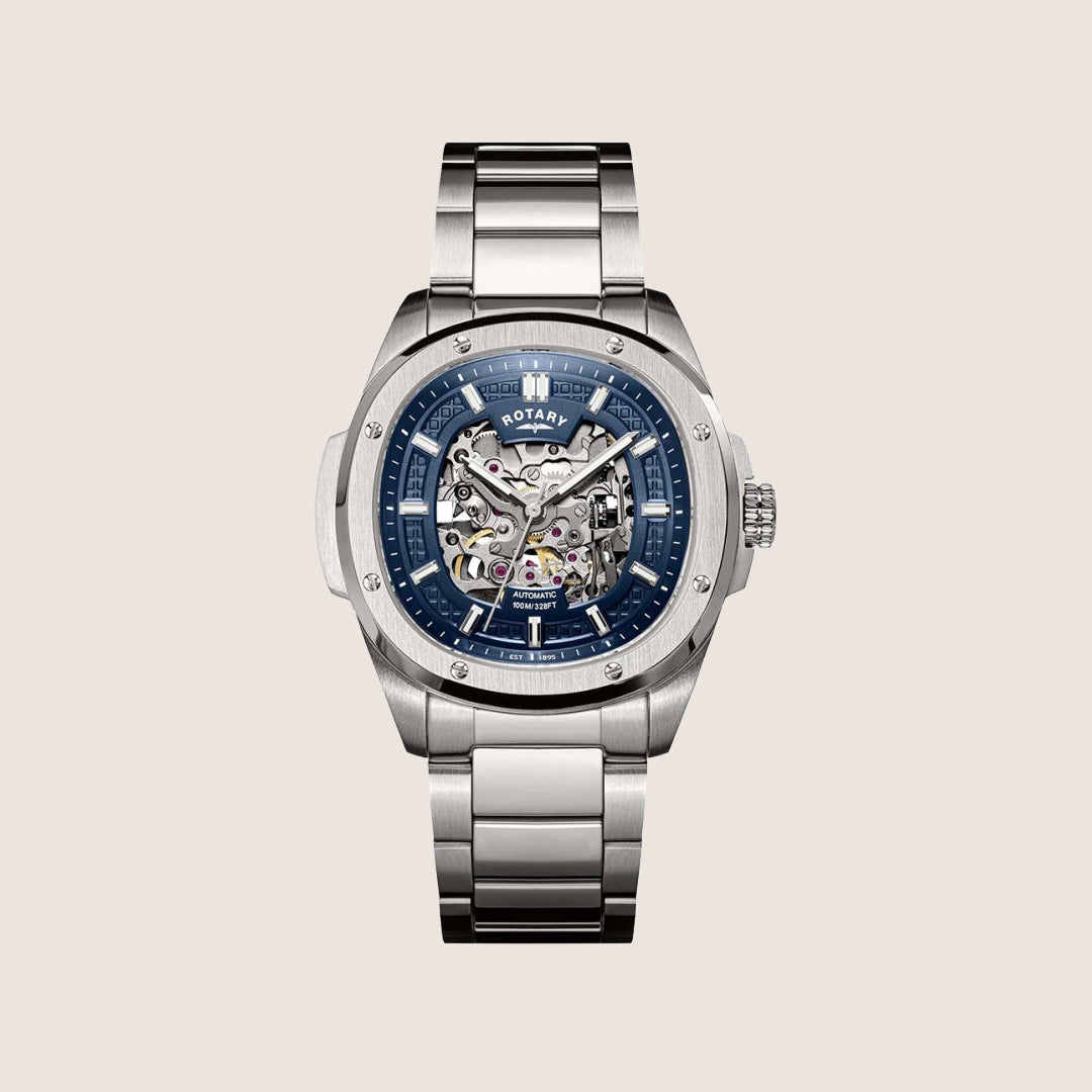 Rotary Mens Apex 100 Automatic Blue Dial Silver Bracelet Sport Watch RGB10079-05