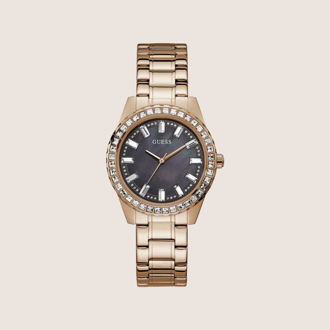 Guess Women's Sparkler Watch Crystals-Set Mother Of Pearl, Black Dial GW0111L3