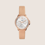 Fossil Women's Izzy Rose Gold Silver Dial Beige Leather Strap Day/Date Analogue Watch ES4888