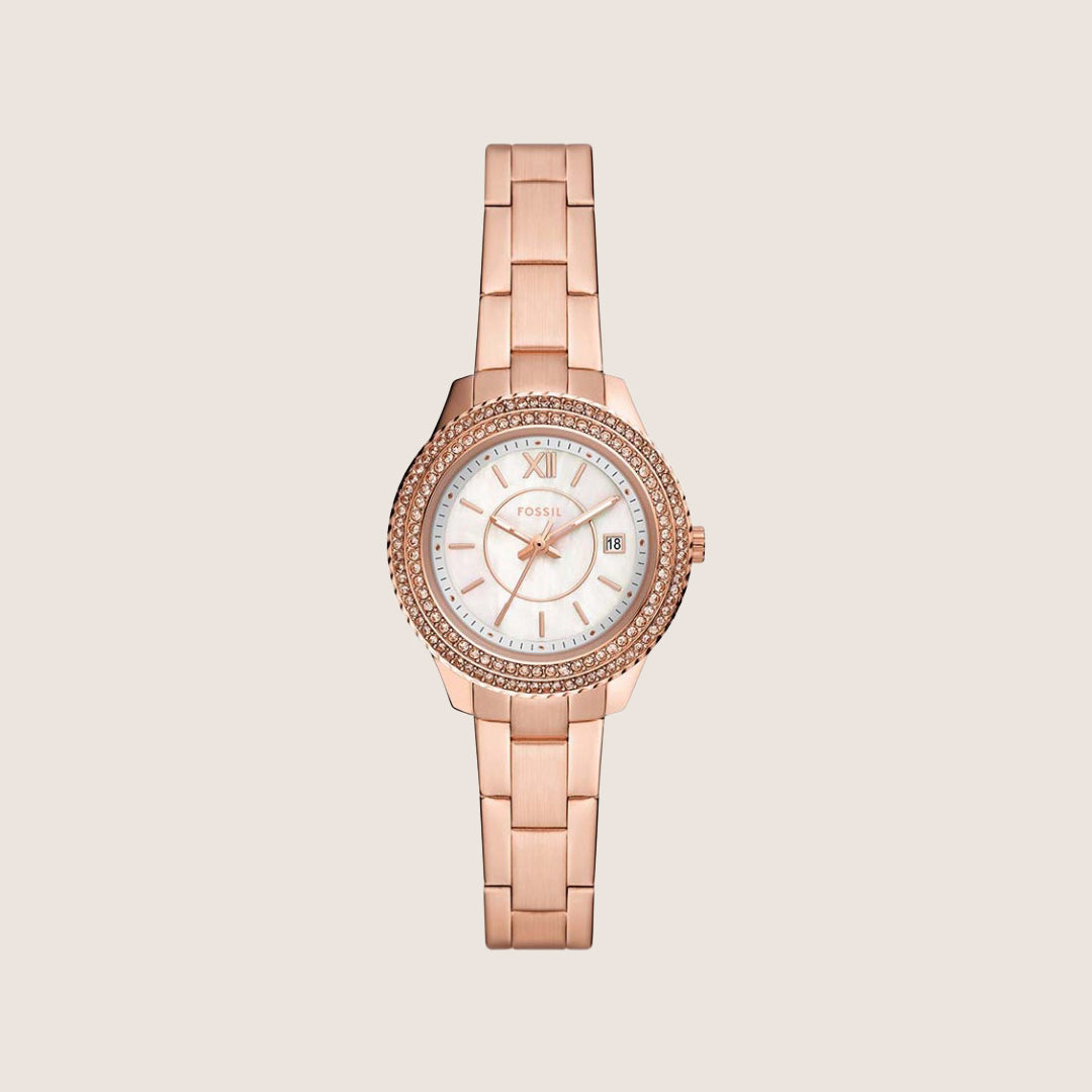 Fossil Women's Stella Rose Gold Mother-of-Pearl Bracelet Date Watch ES5136