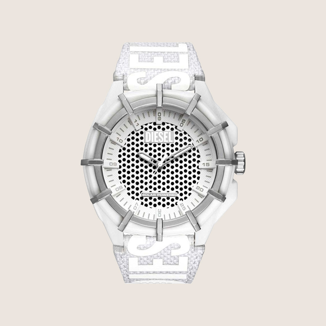 Diesel Mens Framed Solar Power White Dial White Textile Strap Watch DZ4664