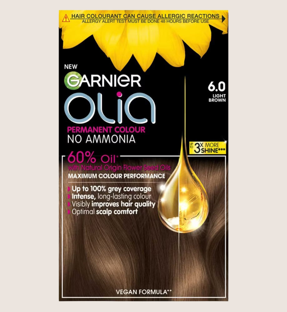 Garnier Olia 6.0 Light Brown: 100% Grey Coverage, No Ammonia, for beautiful, soft color