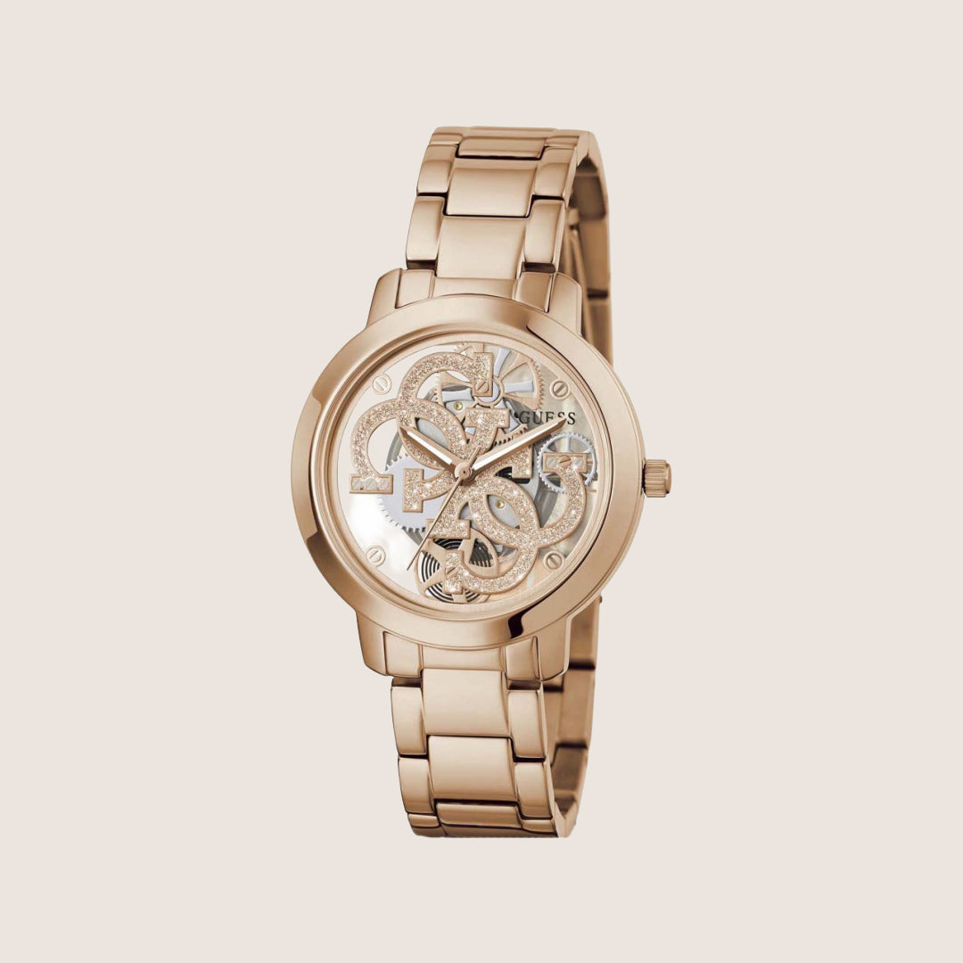 Guess Women's Quattro Clear Watch Crystals-Set Rose Gold, Transparent Dial GW0300L3