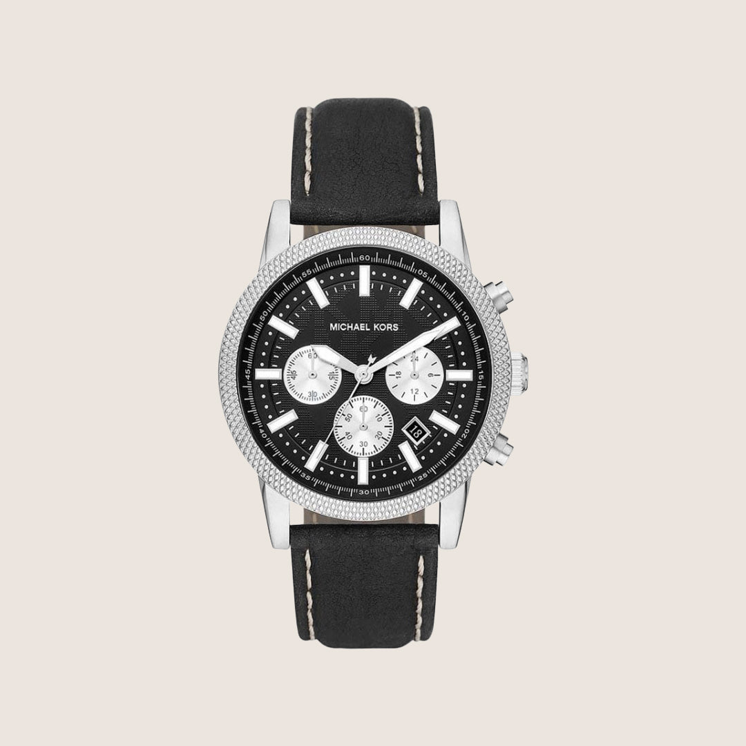 Michael Kors Men's Hutton Chronograph Black Dial Black Leather Strap Watch MK8956