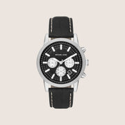 Michael Kors Men's Hutton Chronograph Black Dial Black Leather Strap Watch MK8956
