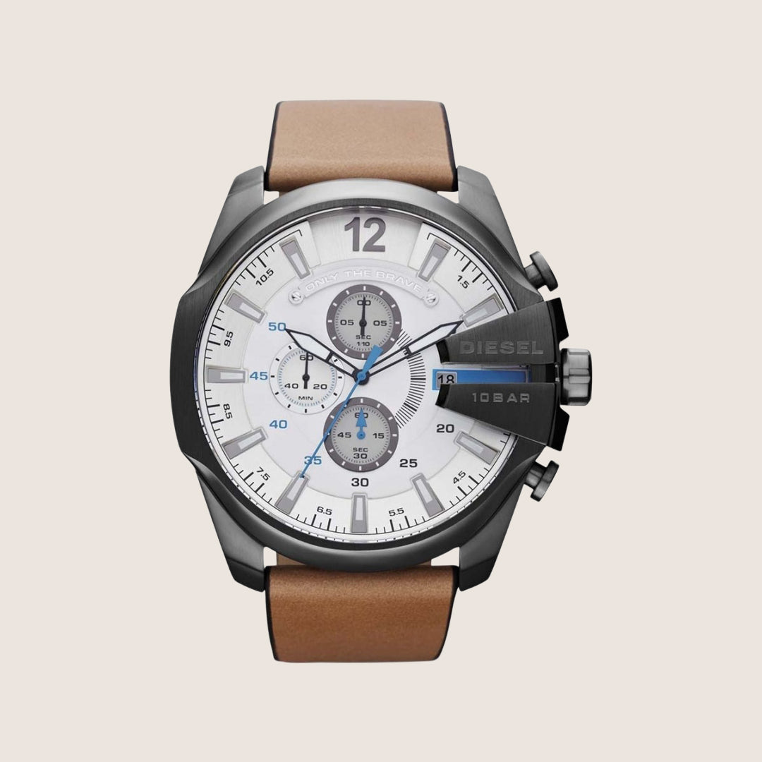 Diesel Mens Mega Chief Chronograph White Dial Brown Leather IP Case Watch DZ4280