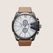 Diesel Mens Mega Chief Chronograph White Dial Brown Leather IP Case Watch DZ4280