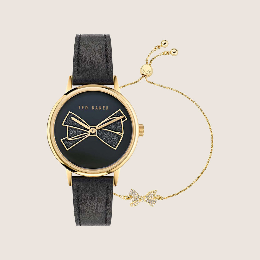 Ted Baker Ladies Phylipa Iconic Gold Black Leather Watch and Bracelet Gift Set BKGFW2402