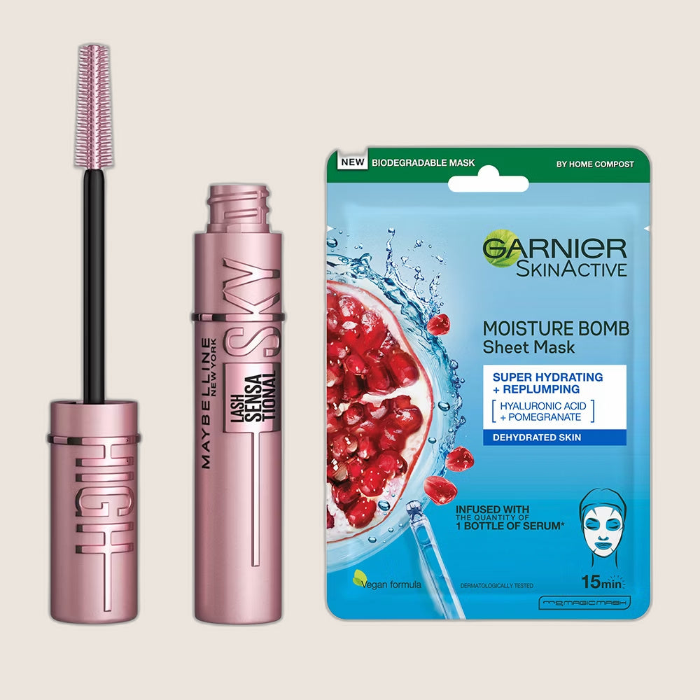 L'Oréal Paris Maybelline Lash Sensational Black Sky High Masara & Garnier Moisture Bomb Pomegranate Sheet Mask Duo Bundle