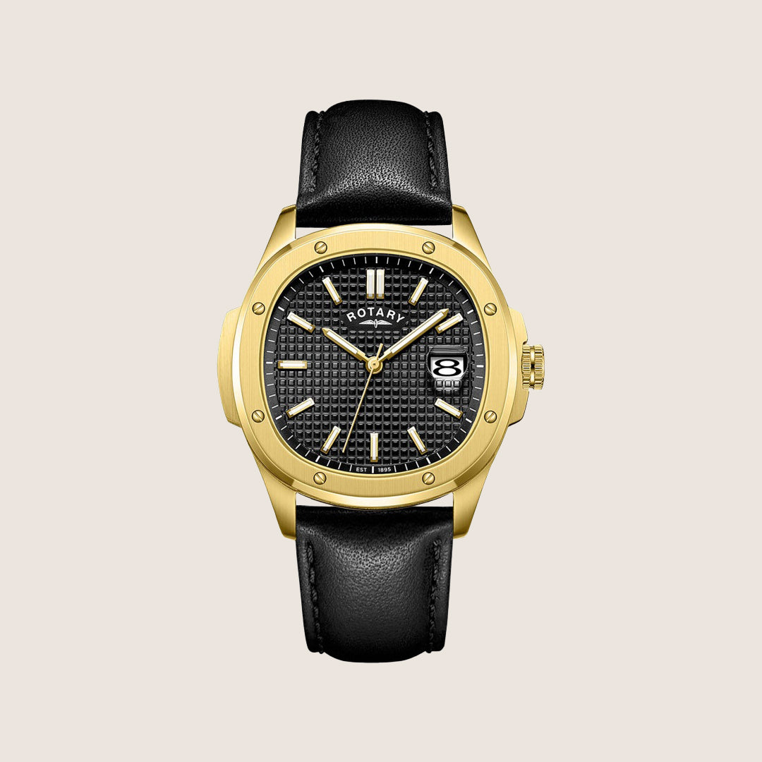 Rotary Mens Apex 100 Black Dial Gold Case Square Black Leather Watch GS05578-04