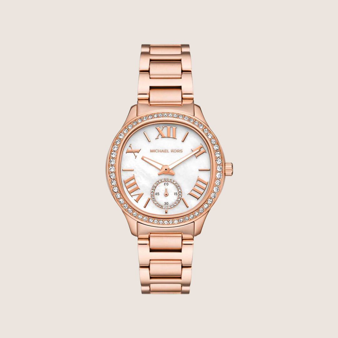 Michael Kors Women's Sage Clear Stone-Set Mother Of Pearl Dial Watch MK4806