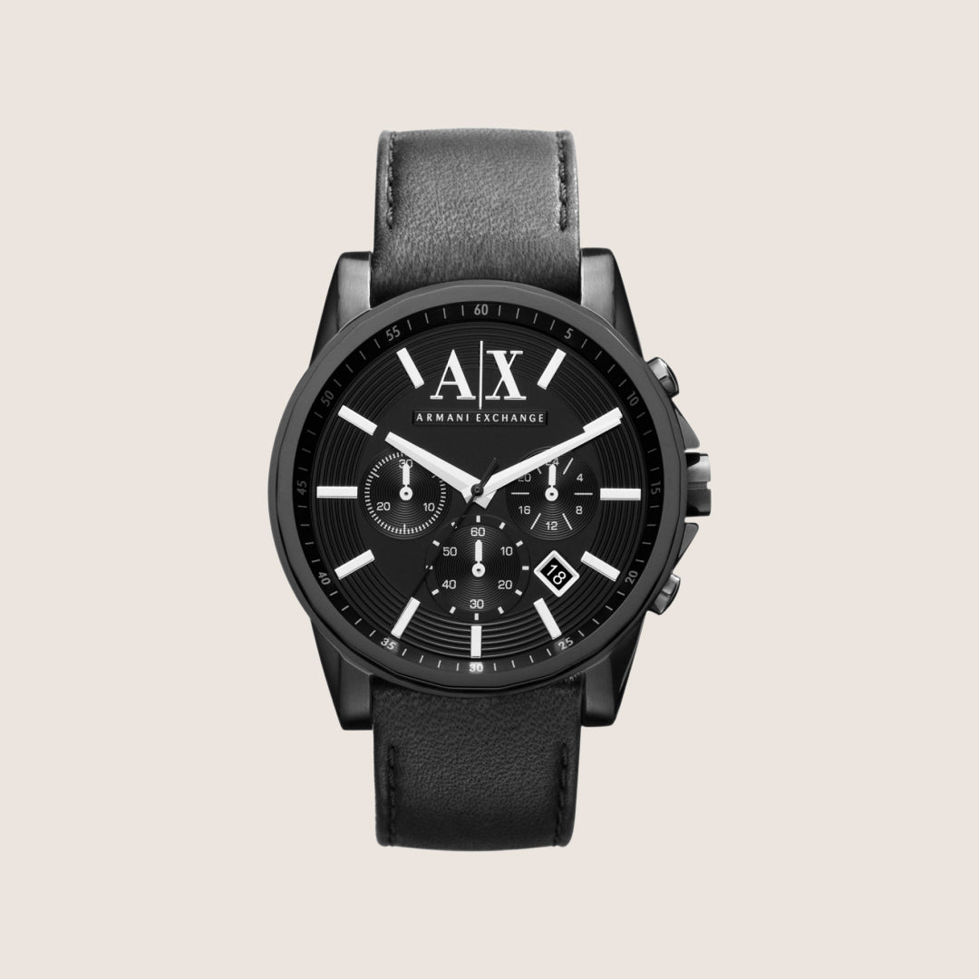 Armani Exchange Men's Dress Watch Black Chronograph Black Leather Strap AX2098