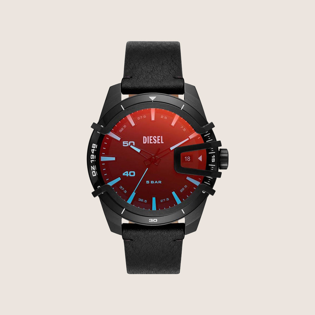 Diesel Mens Caged Analogue Black Dial Black Leather Strap Watch DZ1948