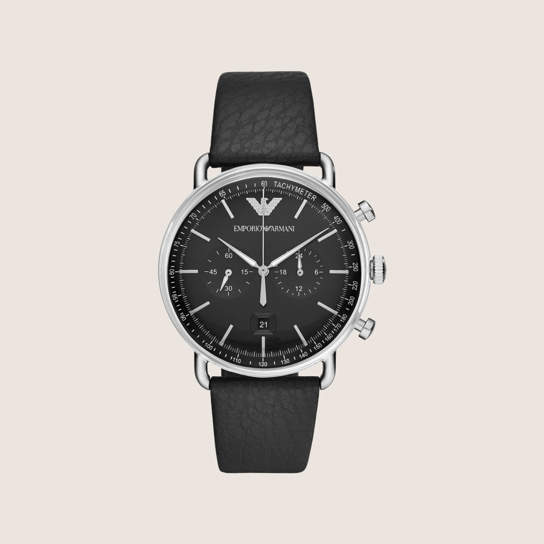 Emporio Armani Men's Watch Black Dial Black Leather Strap AR11143