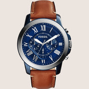 Fossil Men's Grant Blue Dial Chronograph Brown Leather Watch FS5151