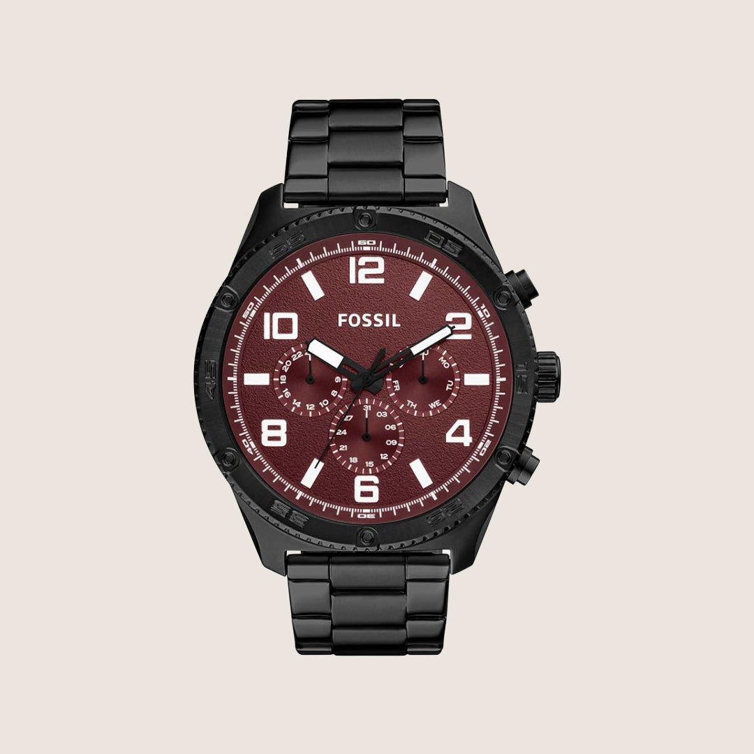 Fossil Mens Brox Burgundy Dial Steel Watch BQ2803