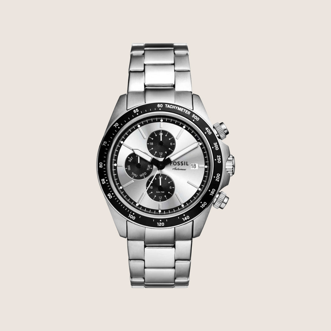Fossil Mens Autocross Silver Dial Two Tone Watch BQ2873