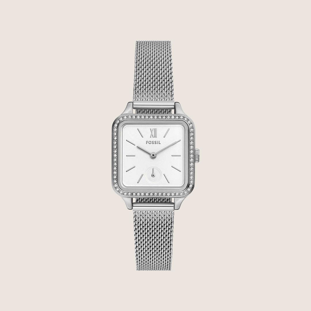 Fossil Women's Colleen Silver Square Crystal Bracelet Analogue Watch BQ3970