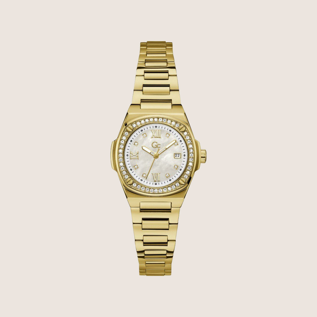 GC Ladies Gold Bracelet Crystal Set Mother Of Pearl Dial Swiss Watch Z12005L1MF