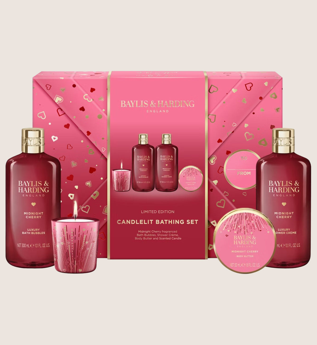 Baylis & Harding Midnight Cherry Gift Wrapped Candlelit Bathing Bath & Body Gift Set For Her