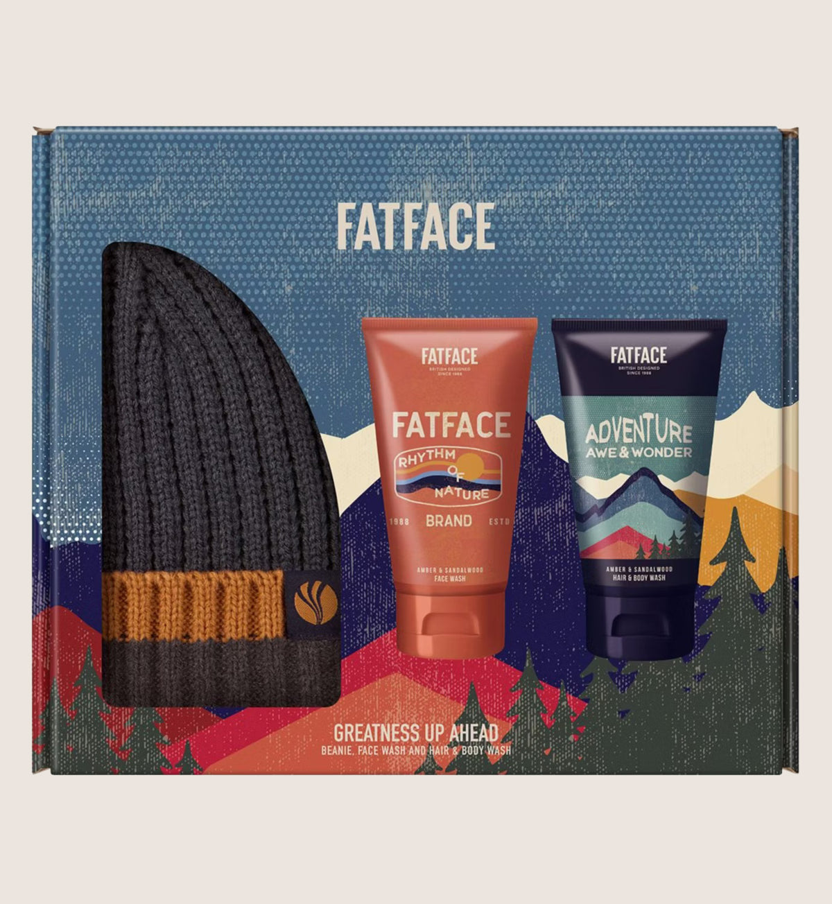 FatFace Greatness Up Ahead Beanie Set - Cosy Ribbed Beanie, Face Wash & Hair & Body Wash