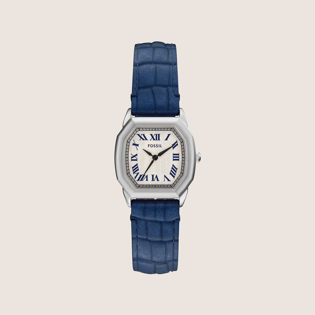 Fossil Women's Harlow Silver Octagon Beige Dial Blue Leather Strap Analogue Watch ES5425