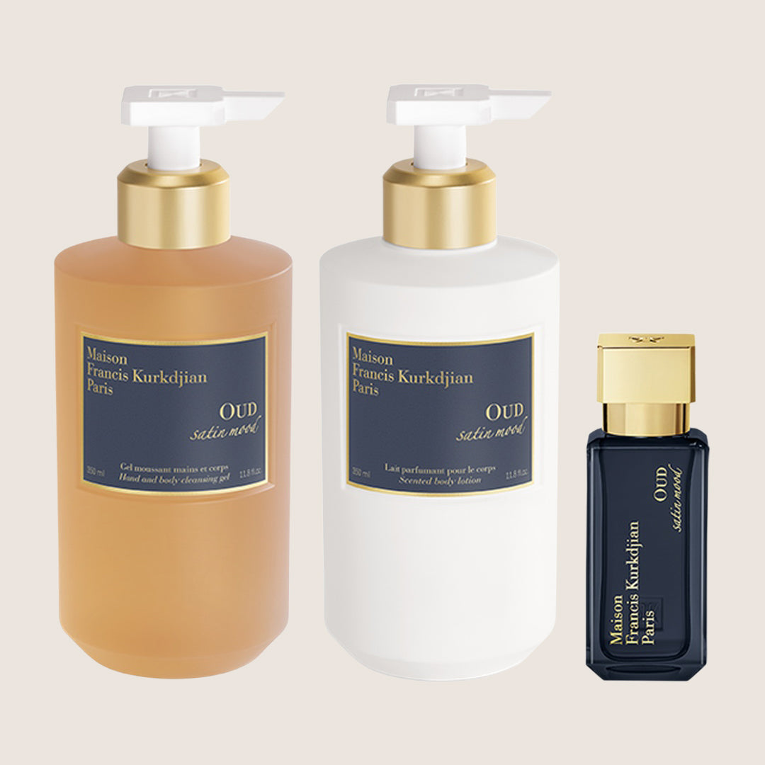 Maison Francis Kurkdjian Unisex OUD Satin Mood Cleansing Gel, Body Lotion and Eau de Parfum Complete Trio Set