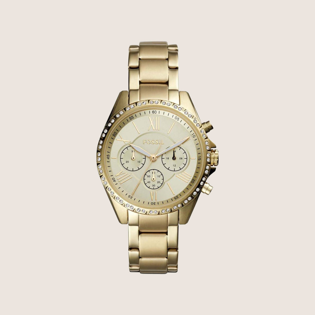 Fossil Women's Modern Courier Gold Crystal Chronograph Bracelet Analogue Watch BQ3378