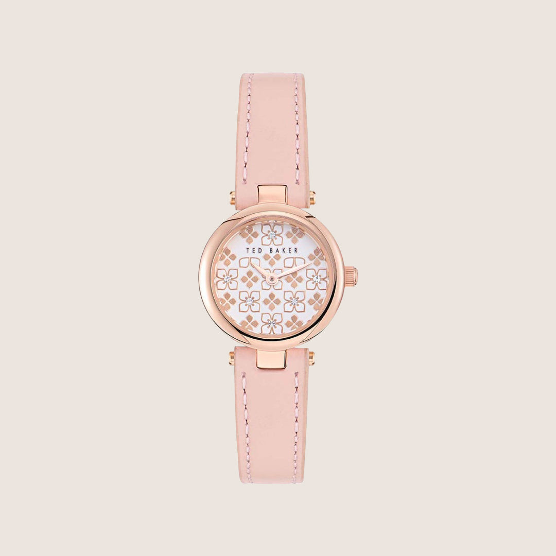 Ted Baker Ladies Jolyye Rose Gold White Crystal Leather Strap Watch BKPJLF406
