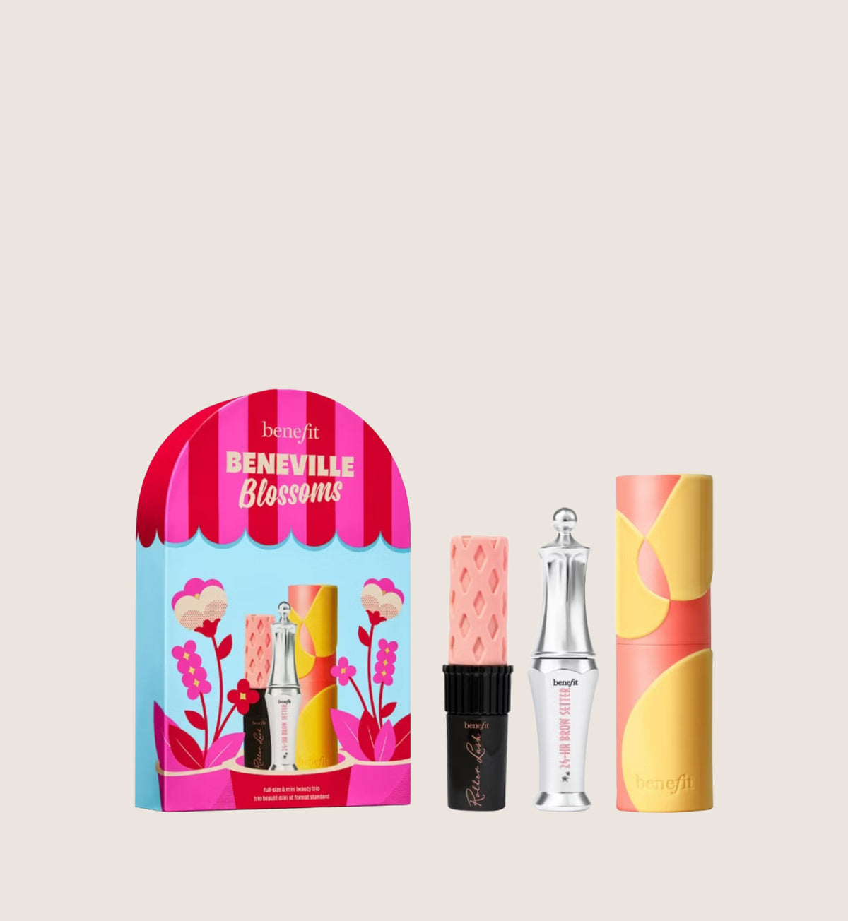 Benefit Beneville Blossoms, Juice Stick Blush, Roller Lash Black Mascara & 24-Hour Brow Setter Gift Set Trio Beauty Gift Set For Her