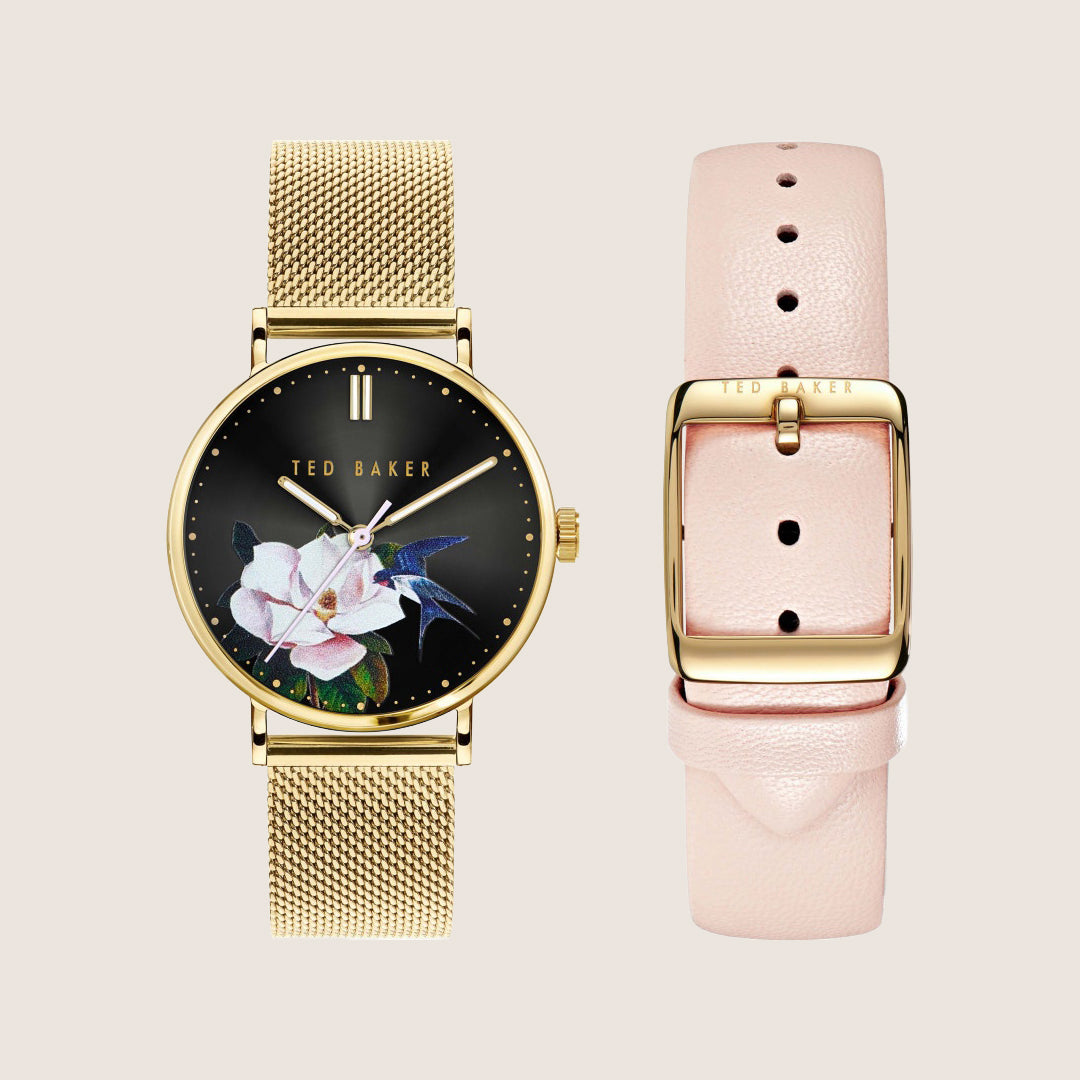 Ted Baker Ladies Phylipa Gold Black Watch and Interchangeable Strap Gift Set TWG024500