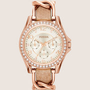 Fossil Riley Rose Gold Chronograph Sand Leather Watch ES3466