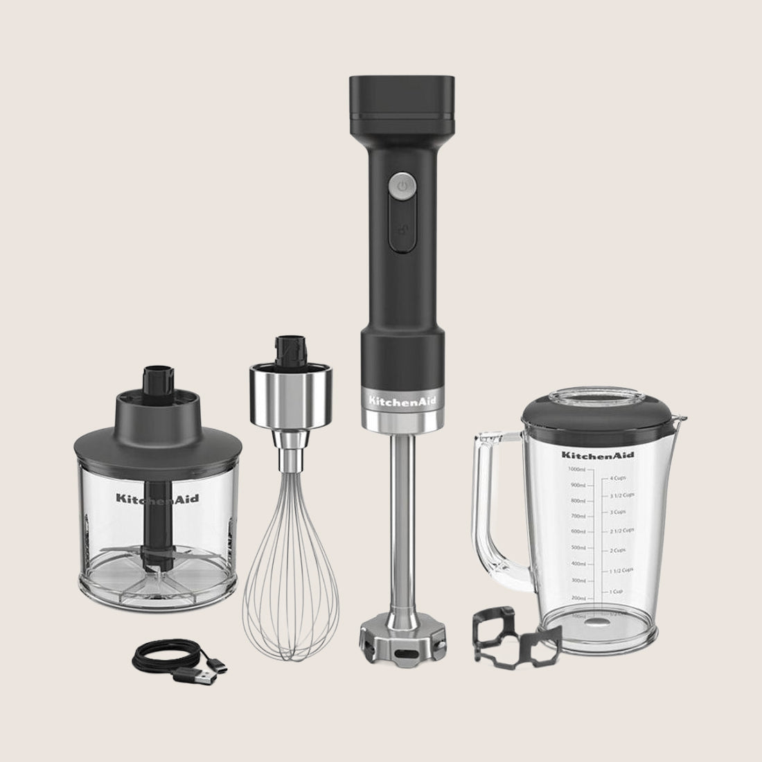 KitchenAid Go 5KHBRV75BM Cordless Hand Blender Variable Speed 1L with 4 Accessories - Black