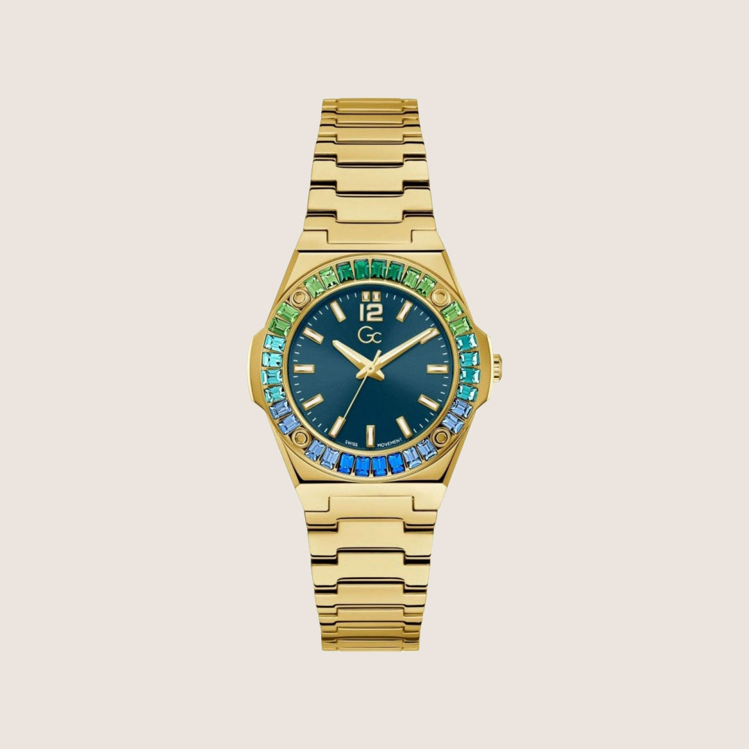 GC Ladies Gold Bracelet Multi-Crystal Blue Dial Swiss Quartz Watch Z34007L7MF