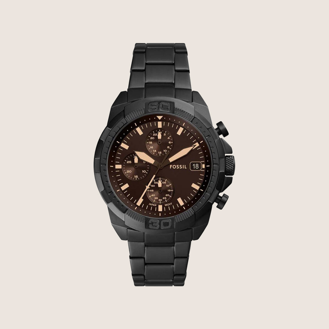 Fossil Mens Bronson Brown Chronograph Black Steel Watch FS5851