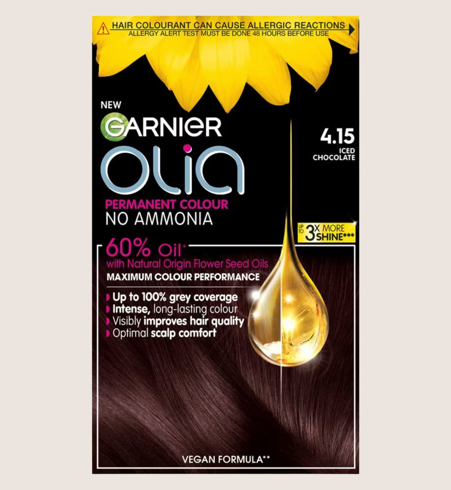 Garnier Olia 4.15 Iced Chocolate: 100% Grey Coverage, No Ammonia, for luminous hair color