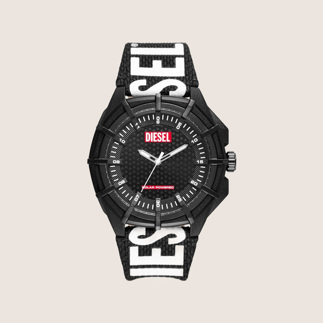 Diesel Mens Framed Solar Power Analogue Black Dial Textile Strap Watch DZ4654