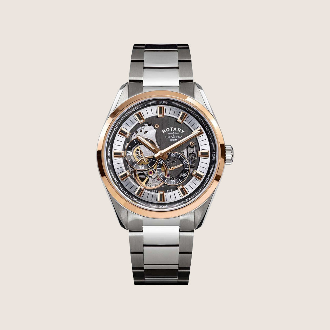 Rotary Mens Seamatic Eclipse Automatic Open-Heart Transparent Dial Gunmetal Bracelet Watch RGB10009-74