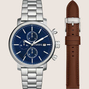 Fossil Men's Rhett Watch & Strap Gift Set Blue Dial Silver Bracelet BQ2872SET