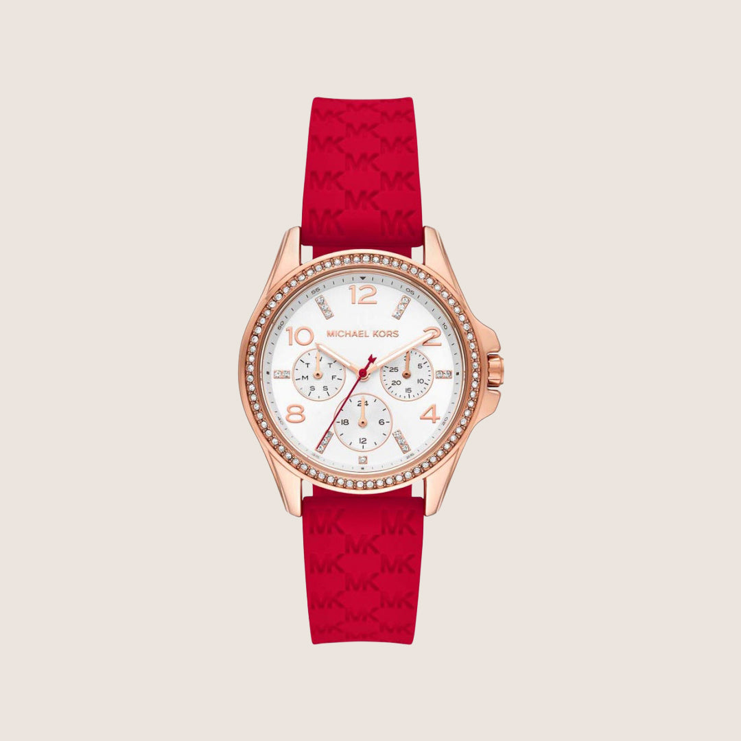 Michael Kors Women's Pilot Clear Stone-Set White Dial Watch MKO1005
