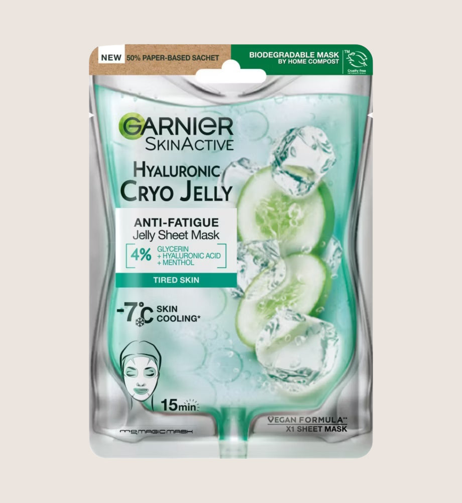 Garnier Anti Fatigue Hyaluronic Acid & Icy Cucumber Cryo Jelly Face Mask Vegan and Cruelty Free With Hyaluronic Acid
