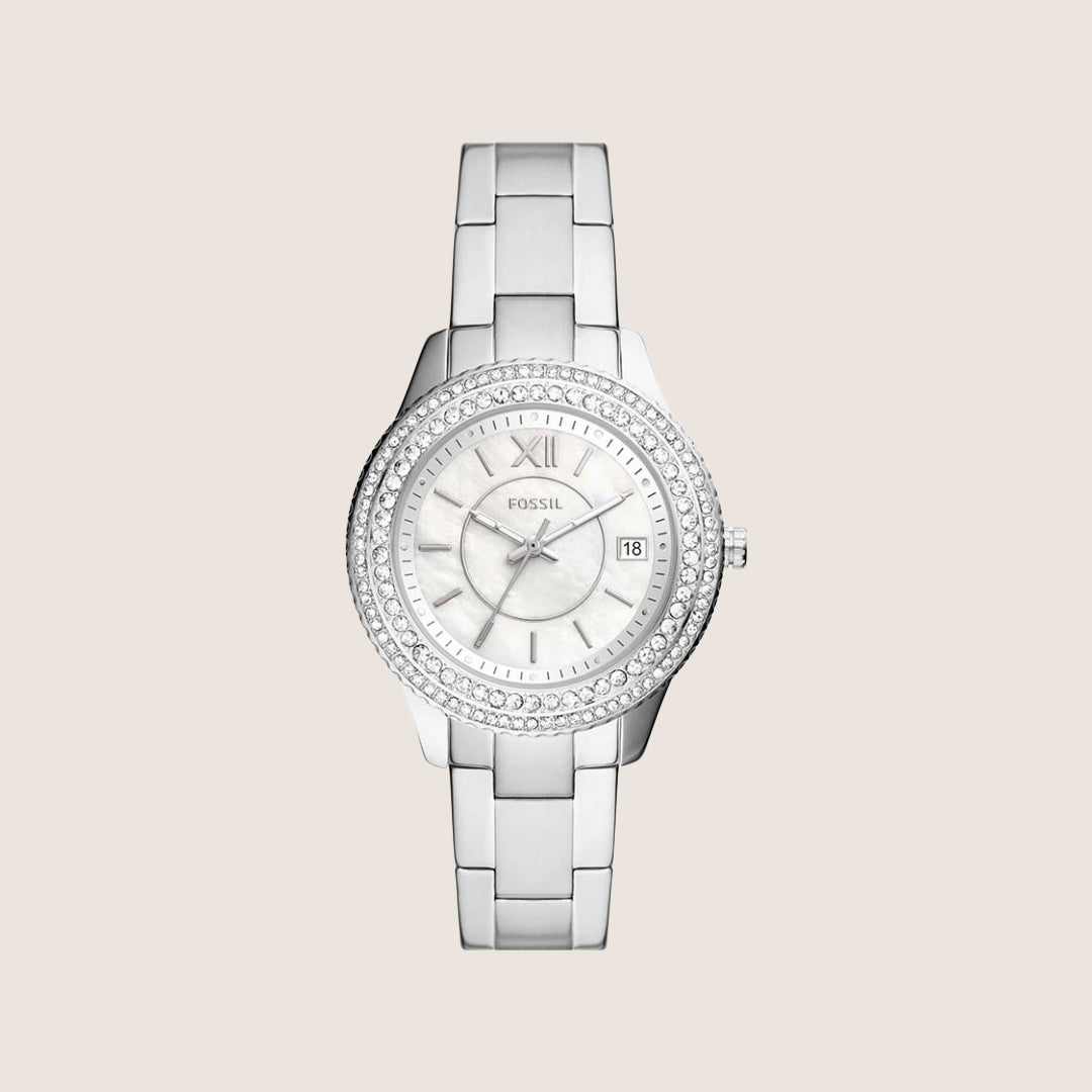 Fossil Women's Stella Silver Mother-of-Pearl Crystal Bracelet Date Watch ES5130
