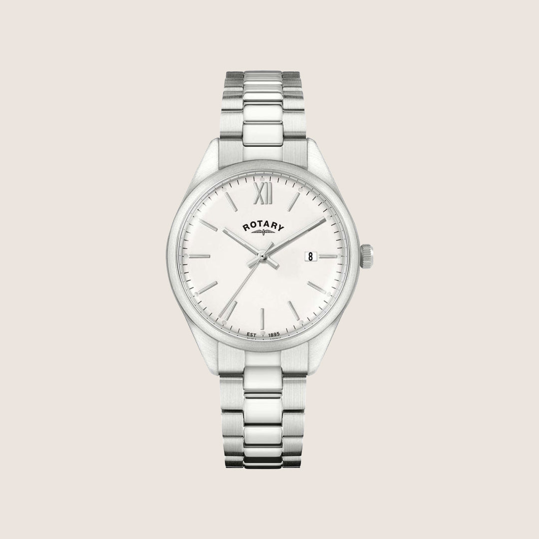 Rotary Mens Heritage White Dial Roman Numeral Silver Bracelet Classic Watch RGB10003-01