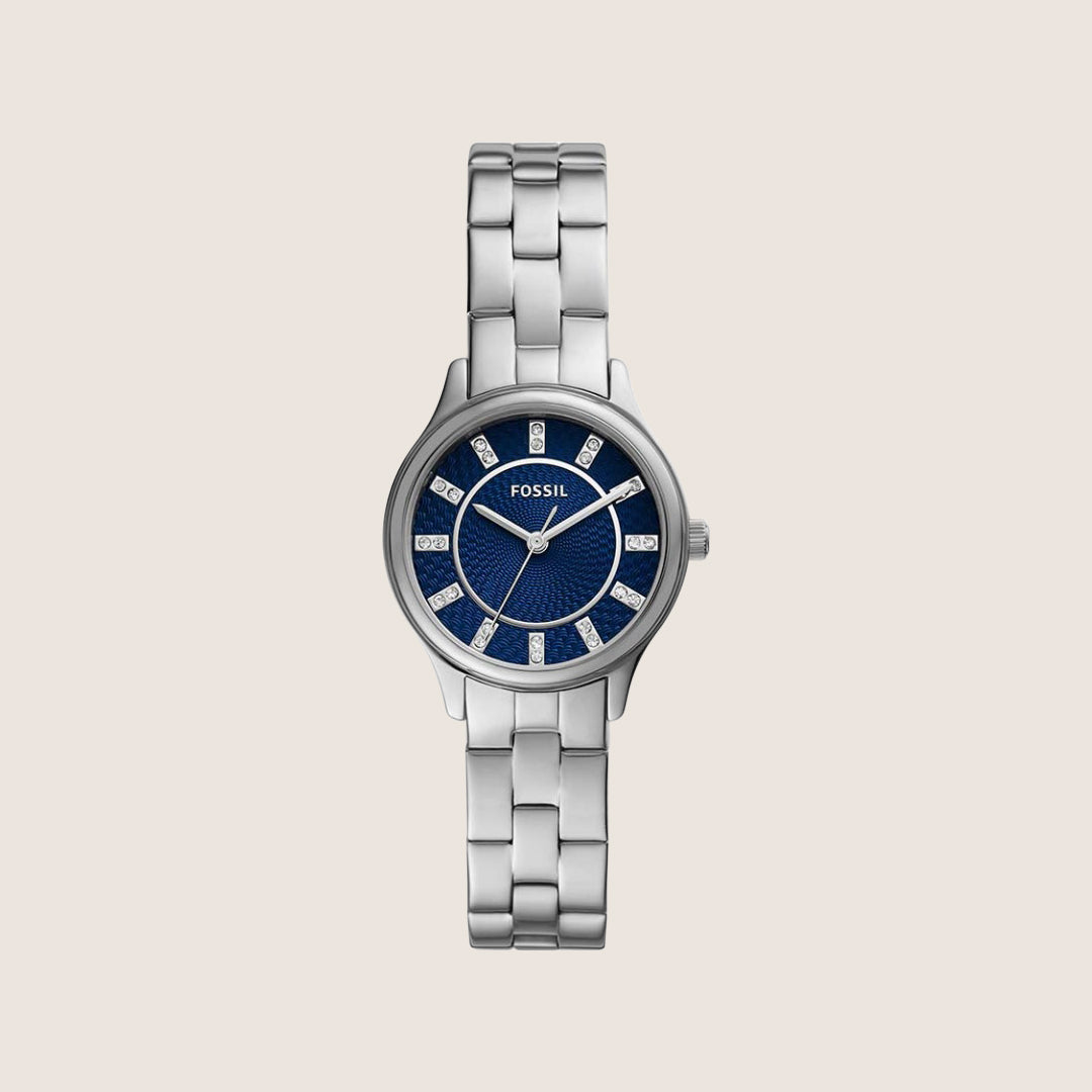 Fossil Women's Modern Sophisticate Silver Blue Dial Crystal Bracelet Analogue Watch BQ3914