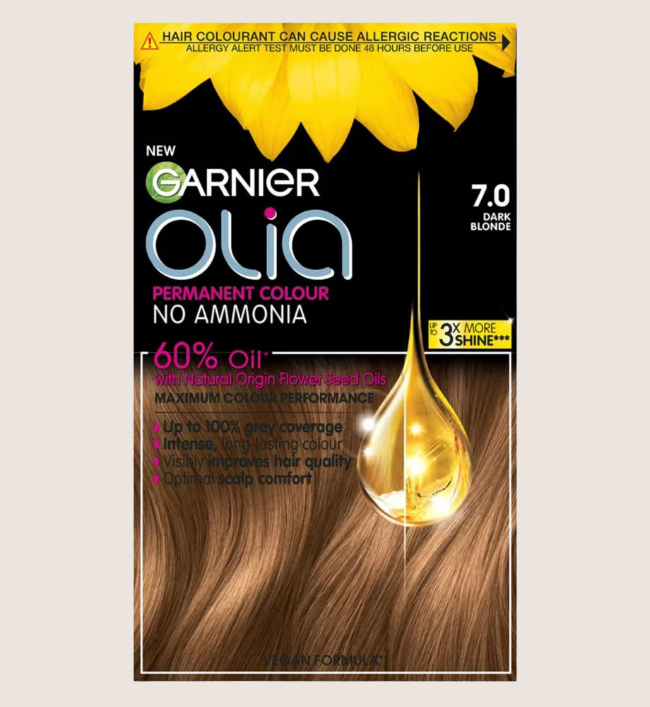 Garnier Olia 7.0 Dark Blonde: 100% Grey Coverage, No Ammonia, for luminous, natural blonde