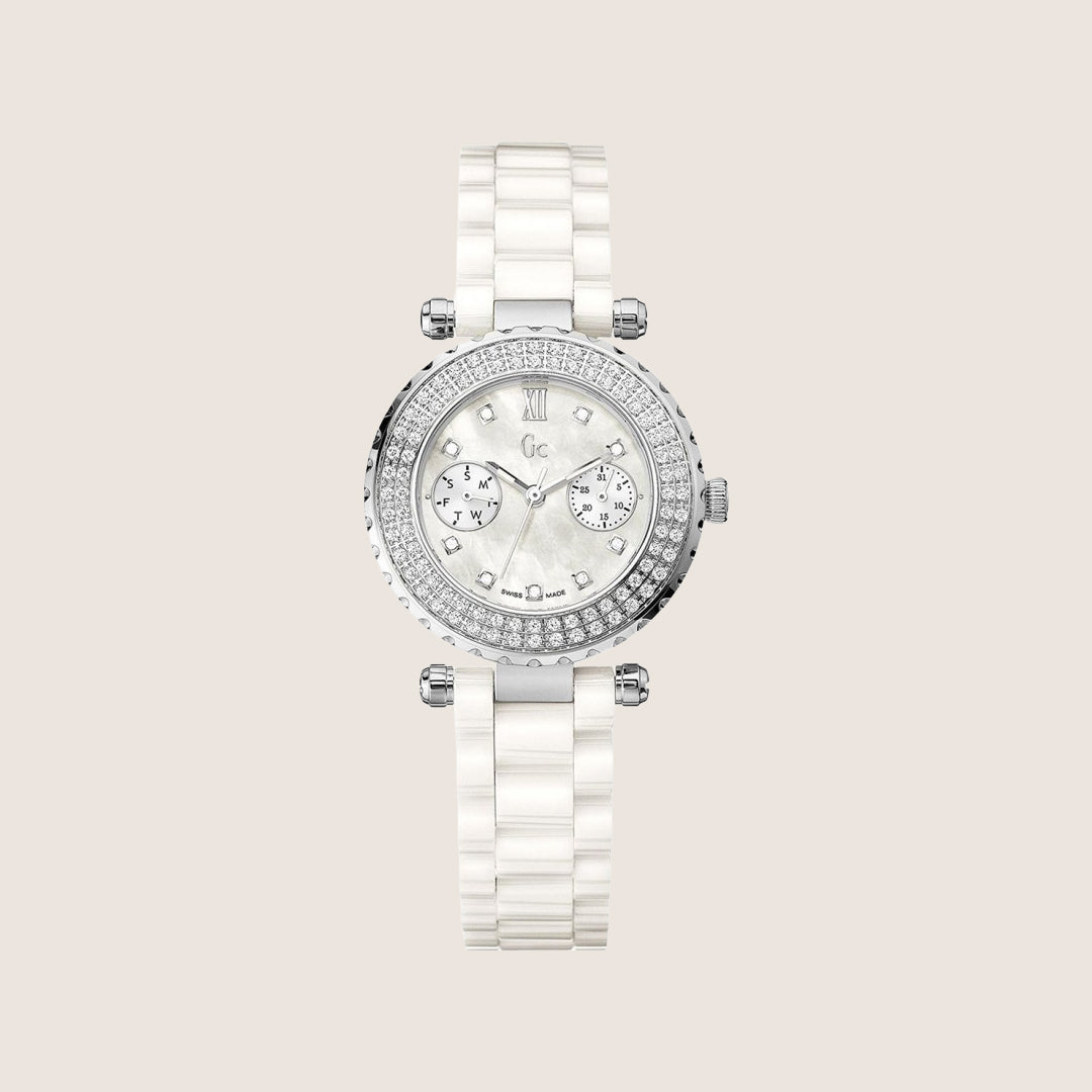 GC Ladies White Ceramic Bracelet Mother Of Pearl Day Date Dial Watch A28101L1